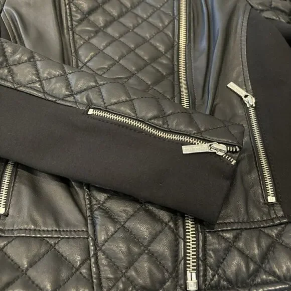 Michael Kors Lamb Leather Biker Jacket Small Black Zip Front Pockets Quilted - Picture 5 of 10